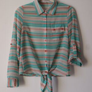 Women Mine Semi Sheer Tie Waist Striped Blouse Pink White Blue S Small